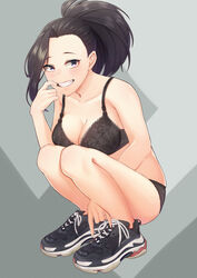 1girls alternate_outfit balenciaga black_bra black_hair black_panties blush bra breasts brown_eyes cleavage female finger_in_mouth highres hinamori283 lingerie long_hair looking_at_viewer momo_yaoyorozu my_hero_academia navel panties ponytail purple_eyes smile sneakers squatting underwear