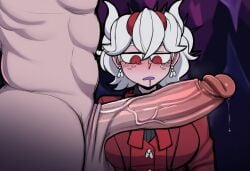 1boy 1girl ai_art ai_assisted ai_generated beelzebub_(helltaker) big_penis demon_girl glasses helltaker helltaker_(character) horns huge_penis indoors looking_at_penis madroshi novelai precum red_eyes saliva white_hair