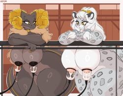 anthro areola barn bethesda_game_studios big_breasts bodily_fluids breast_envy breast_milking breast_size_difference breasts cloak clothed clothing curvy_figure digital_media_(artwork) duo felid feline female female/female fur genital_fluids genitals grey_body hair hi_res huge_breasts inside jewelry khajiit lactating machine mammal microsoft milk milking_machine multicolored_body nipples nude pantherine pussy resting resting_arm salty-paws scalie smile snow_leopard tail the_elder_scrolls the_elder_scrolls_online thick_thighs topwear two_tone_body veksim vulva white_hair wide_hips