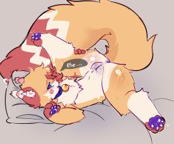 anthro anus ass_up bedding bell bell_collar big_tail blanket bodily_fluids collar ears_up felid feline female fur genital_fluids genitals giggle hi_res huge_tail inner_ear_fluff lewdstra looking_at_viewer lying mammal multicolored_body multicolored_fur on_back pawpads pillow purple_pawpads pussy raised_leg side_eye simple_background solo sparkles speech_bubble straw_(lewdstra) swirl_pattern tail text tuft vaginal_fluids vulva
