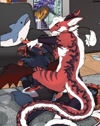 absurd_res anthro blahaj bodily_fluids claws cum cum_in_vagina cum_inside cuntboy cuntboy/male cuntboy_penetrated dragon duo eastern_dragon feet gay genital_fluids hi_res horn ikea inside intersex intersex/male intersex_penetrated machine male male/male male_focus male_only mothaala mythological_creature mythological_scalie mythology nude penetration protogen pussy scalie smile smirk toe_claws toes wings