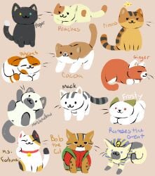 2015 ambiguous_gender anus backpack bell bell_collar black_body black_eyes black_fur black_text blue_eyes blue_text bob_the_cat_(neko_atsume) brown_body brown_fur brown_text character_name closed_eyes clothed clothed_feral clothing cocoa_(neko_atsume) collar crown digital_drawing_(artwork) digital_media_(artwork) domestic_cat dot_eyes ears_down eyelashes felid feline felis feral fire-girl872 floating_crown frosty_(neko_atsume) fur ginger_(neko_atsume) green_ears green_eyes grey_body grey_fur grey_text handwritten_text headgear heterochromia hi_res jingle_bell jingle_bell_collar lineless loaf lying mack_(neko_atsume) mammal marshmallow_(neko_atsume) ms._fortune_(neko_atsume) neko_atsume on_back on_front orange_body orange_fur orange_text patches_(neko_atsume) peaches_(neko_atsume) pepper_(neko_atsume) pivoted_ears princess_(neko_atsume) ramses_the_great_(neko_atsume) red_clothing red_collar red_eyes red_topwear red_vest simple_background simple_eyes sitting smile standing tail tan_background text topwear vest whiskers white_body white_fur white_text x_anus