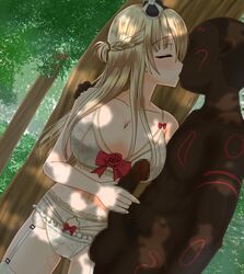 1boy 1girls big_penis blonde_hair dark-skinned_male dark_skin faceless_male female garter_belt garter_straps handjob holding_penis interracial kissing kosakai large_breasts male warspite_(kantai_collection)