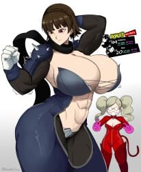 2girls adapted_costume alternate_breast_size alternate_costume alternate_muscle_size ann_takamaki ann_takamaki_(panther) breast_envy breast_expansion breasts cleavage emmarrgus female flexing growth huge_breasts impossible_clothes latex level_difference looking_at_another makoto_niijima makoto_niijima_(queen) muscle_growth muscles muscular muscular_female persona persona_5 phantom_thief_suit scarf shocked size_difference thick_thighs