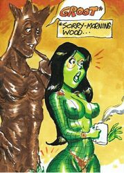 1boy 1girls 2d alien alien_girl alien_look_like_human black_hair cleavage colored cup erection female gamora green-skinned_female green_skin groot guardians_of_the_galaxy humor joe_gravel large_breasts loincloth long_hair marvel marvel_comics mug open_mouth parody sexually_suggestive speech_bubble surprise