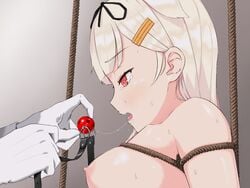 artist_request ball_gag black_ribbon blonde_hair bondage bound breasts female gag gloves hair_flaps hair_ornament hair_ribbon hairclip kantai_collection long_hair nipples red_ball_gag red_eyes remodel_(kantai_collection) restrained ribbon tears tied_up ungagged yuudachi_(kantai_collection)