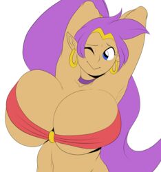 1girls alternate_breast_size armpits arms_up asymmetrical_breasts breasts breasts_bigger_than_head brown_skin choker detnox ear_piercing earrings female huge_breasts long_hair midriff one_eye_closed pointy_ears purple_hair shantae shantae_(character) smooth_skin tight_clothing upper_body wide_hips