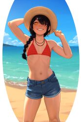 armpits beach bikini bikini_top_only black_hair blue_shorts blue_sky braid braided_ponytail brown_headwear chainsaw_man clothing cloud day denim denim_shorts feet_out_of_frame female flat_chest grin hair_over_one_eye hair_over_shoulder hand_on_headwear hat headwear jewelry long_hair looking_at_viewer mole mole_under_eye navel nayuta_(chainsaw_man) necklace ocean one_eye_closed orange_eyes outdoors red_bikini ringed_eyes sand shaardy short_shorts shorts single_braid sky smile solo standing stomach straw_hat sun_hat swimsuit teeth true_flat_chest water yellow_eyes