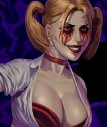 -ai_generated 1girls artist_request big_breasts blonde_female blonde_hair blood brassiere breasts choker cleavage_cutout female jeanette_voerman makeup makeup_running malkavian pale_skin red_eyes solo_female tied_shirt twintails vampire vampire_the_masquerade vampire_the_masquerade_bloodlines world_of_darkness