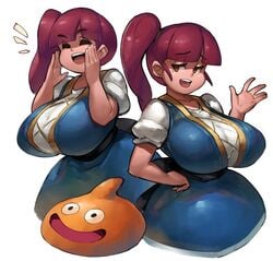 1girls bangs breasts busty clothing dragon_quest dragon_quest_builders_2 dress huge_breasts large_breasts lulu_(dqb2) red_hair she-slime side_ponytail slime slime_(dragon_quest) smile smug zako_(arvinry)