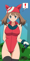 ! 1girls alternate_outfit bandana blue_eyes blush bodysuit breasts brown_hair eye_contact gloves highleg_leotard holding human_only large_breasts looking_at_viewer may_(pokemon) nintendo poke_ball pokemon pokemon_rse pose smile solo source_request standing text thigh_gap thighhighs tight_clothing watermark wide_hips wslasher