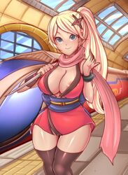 1girls abs alternate_breast_size beach big_ass blonde_hair blue_eyes blush character_request cleavage clothed color eye_contact female female_only huge_breasts human kimono knife long_hair looking_at_viewer mega_ring nintendo pokemon pokemon_xy ponytail pose revolverwingstudios scarf smile solo source_request standing thick_thighs thighhighs train weapon wide_hips