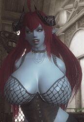 3d animated animated_gif blue_skin bouncing_breasts dancing demon_girl horns large_breasts looking_at_viewer original_character pointy_ears red_hair sexybono sinia skyrim solo succubus succubus_horns the_elder_scrolls