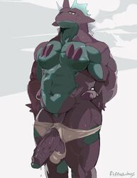 1boy anthro anthrofied bara big_penis bodily_fluids briefs chubby clothing eye_contact fluffedwings foreskin half-closed_eyes hi_res ineffective_clothing looking_at_viewer low_key_toxtricity male male_only musclegut nintendo penis pokémon_(species) pokemon pokemon_ss purple_body purple_skin scalie signature simple_background solo sweat testicles text thick_thighs toxtricity underwear veins video_games watermark white_underwear