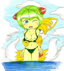 anthro bikini bikini_bottom bikini_top breasts cosmo_the_seedrian erosmilestailsprower exposed_breasts nipples public public_exposure public_nudity sonic_(series) tails topless water