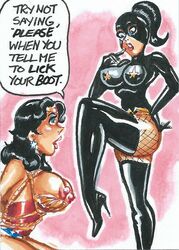 boot_worship boots breasts dc_comics dialogue femdom joe_gravel large_breasts latex nipples sketch_card speech_bubble text wonder_girl wonder_woman wonder_woman_(series)