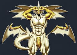 1boy 1male abs anthro anthro_only anthrofied armpits arms_raised arms_up bara biceps chromamorph claws dragon eye_contact flaccid foreskin looking_at_viewer male male_only multicolored_eyes muscles muscular muscular_arms muscular_legs muscular_male muscular_thighs necrozma nintendo nipples pecs penis pokemon pokemon_usm solo solo_male tail testicles thick_thighs thigh_gap thighs ultra_necrozma winged_arms wings yellow yellow_body yellow_penis