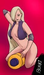 1girls arm_behind_head blonde_hair blue_eyes blush bottomless breasts crypticbonki earrings elbow_pads female female_only fishnets hair_over_one_eye ino_yamanaka kneeling lipstick long_hair makeup naruto naruto:_the_last naruto_(series) one_arm_up open_clothes scroll sitting_on_object smile very_long_hair vest