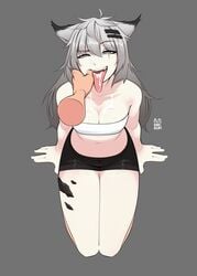 absurdres after_fellatio animal_ears arcbun arknights bandeau bangs breasts cum cum_in_mouth cum_on_body cum_on_breasts cum_on_tongue cum_on_upper_body fangs female finger_in_another's_mouth grey_background grey_eyes hair_ornament hairclip hands_on_ground highres kneeling lappland_(arknights) legs_together midriff navel scar scar_across_eye short_shorts shorts signature silver_hair spread_fingers strapless tongue tongue_out tubetop wolf_ears