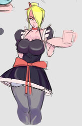 big_breasts blonde_hair blue_eyes bored clothed clothing looking_at_viewer maid metroid nintendo samus_aran strwbrrychz