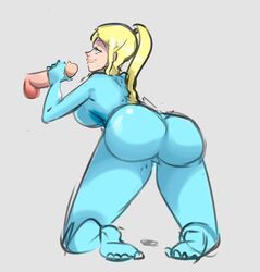 big_ass big_breasts big_penis blonde_hair blue_eyes handjob metroid nintendo samus_aran strwbrrychz unseen_male_face white_background zero_suit zero_suit_samus