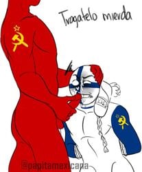 countryhumans cum cum_on_face disgusted enemies finland finland_(countryhumans) hand_on_head humiliated humiliation male_only red_body red_skin soviet soviet_union soviet_union_(countryhumans) tied_up white_body white_skin