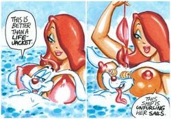 anthro breasts dialogue disney female husband_and_wife jessica_rabbit joe_gravel large_breasts male nipples no_bra red_hair roger_rabbit sea sketch_card speech_bubble text water who_framed_roger_rabbit