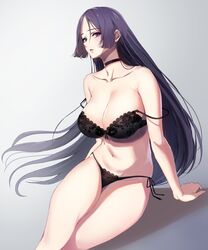 1girls arm_support armpits ass bangs bare_shoulders belly black_bra black_panties blush bra breasts chirang choker cleavage eye_contact fate/grand_order fate_(series) female gradient gradient_background grey_background half-closed_eyes highres lace lace-trimmed_bra lace-trimmed_panties large_breasts light-skinned_female light_skin long_hair looking_at_viewer midriff minamoto_no_raikou_(fate/grand_order) navel open_mouth panties parted_bangs parted_lips purple_eyes purple_hair side-tie_panties solo strap_slip thick_thighs underwear very_long_hair wide_hips