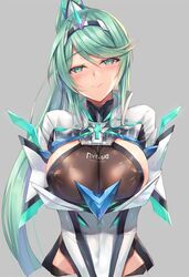 1girls areola_slip areolae armor blush cleavage eyebrows_visible_through_hair female gem green_eyes green_hair hair_ornament headpiece hinot huge_breasts jewelry large_breasts long_hair looking_at_viewer naughty_face nintendo nipple_bulge pneuma_(xenoblade) see-through shoulder_armor sideboob smile solo spoilers tiara tied_hair tight_clothing transparent_clothing very_long_hair xenoblade_(series) xenoblade_chronicles_2