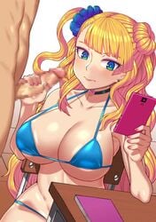 1girls animated artist_request big_breasts blonde_hair blush censored choker collarbone eyebrows_visible_through_hair foreskin galko gyaru handjob large_breasts no_sound oshiete!_galko-chan penis phone swimsuit uncircumcised uncut uninterested video