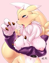 animal_ears anthro areolae armwear big_hands black_sclera blue_eyes blush breast_grab breasts canine cheek_tuft chest_tuft claws countershade_torso digimon digimon_(species) erect_nipples furry furry_tail open_mouth renamon saliva saliva_on_tongue tongue vnwq7pe56kqdfb1 yin_yang