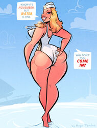 1girls alternate_costume alternate_hairstyle ass blonde_hair blue_eyes breasts english_text fat_ass hat huge_ass hugotendaz kolin large_breasts lips solo standing street_fighter street_fighter_v swimsuit thick_thighs thighs wide_hips