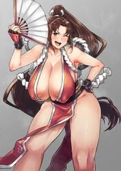 1girls armpits breasts brown_eyes brown_hair cleavage erect_nipples erect_nipples_under_clothes fan fatal_fury female fingerless_gloves gloves hair_ornament hair_ribbon hand_on_hip high_ponytail high_resolution huge_breasts king_of_fighters long_hair looking_at_viewer mai_shiranui mansonparesu nipples nipples_visible_through_clothing one_eye_closed open_mouth ponytail ribbon round_teeth smile solo teeth thighs tied_hair very_high_resolution very_long_hair white_ribbon