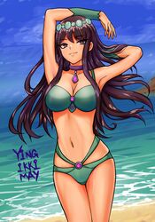 1girls arms_above_head beach bikini breasts brown_hair cleavage female green_bikini hi-rez_studios ikkimay light-skinned_female light_skin long_hair looking_at_viewer medium_breasts navel necklace paladins panties solo ying_(paladins)