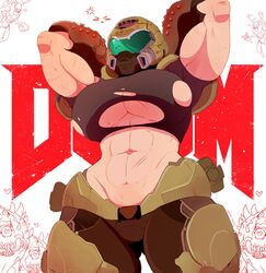 1girls abs armor biceps big_breasts breasts cacodemon_(doom) crop_top doom doom_slayer_(doom) helmet hips muscular_female nonamoth revenant_(doom) ripped_clothing rule_63 scar sexy_armpits sweat thick_thighs thigh_gap tight_clothing tight_shirt wide_hips