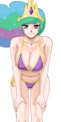 1girls belly big_breasts bikini blue_hair breasts cleavage cutie_mark female female_only friendship_is_magic green_hair hands_on_thighs human_only humanized john_joseco large_breasts leaning_forward looking_at_viewer multicolored_hair my_little_pony princess_celestia_(mlp) purple_eyes purple_hair royalty smile smooth_skin solo tiara voluptuous white_background