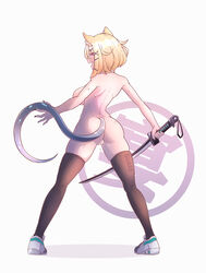 absurdres animal_ears arknights ass breasts brown_legwear butt_crack female from_behind highres holding holding_sword holding_weapon kanji large_breasts lion_ears lion_girl lion_tail open_mouth pussy red_eyes shoes sneakers sword tail thighhighs utage_(arknights) weapon white_background xia_wanzi