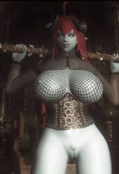 1girls 3d animated animated_gif blue_skin horns large_breasts large_weapon original_character red_hair sinia skyrim solo succubus succubus_horns the_elder_scrolls weapon