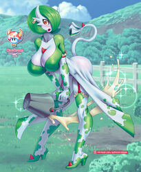 1girls anthro anthrofied ass ass_expansion big_ass big_breasts blush breast_expansion breasts cleavage cow_girl cow_print elbow_gloves gardevoir gloves large_breasts looking_at_viewer mooshroom nintendo open_mouth patreon pokémon_(species) pokemon pokemon_(species) pokemon_rse solo supersatanson text thighhighs url watermark