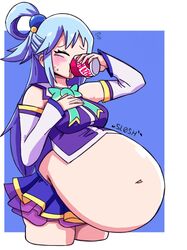 aqua_(konosuba) aqua_hair belly_expansion belly_noises big_belly big_breasts bloated bloated_belly bloating blue_hair blush breasts chugging digestion_noises drinking female hand_on_breast huge_belly inflation jiggle kono_subarashii_sekai_ni_shukufuku_wo! large_belly pale_skin skirt slosh soda soda_can stomach_noises strangerboy420 swallowing tagme thick_thighs white_skin