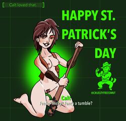 1girls bat breasts cait_(fallout) crueltyfreesmut dialogue fallout fallout_4 feet female female_only freckles green_eyes hair holidays kneeling looking_at_viewer nipple_piercing on_knees open_clothes pale-skinned_female pale_skin pinup pubic_hair pussy red_hair smile solo st._patrick's_day text thick_thighs thigh_gap twitter_username vault_boy_logo wide_hips