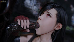 1boy 1girls 3d auxtasy black_hair blowjob crossover cum cum_in_mouth cum_inside earrings fellatio female final_fantasy final_fantasy_vii gloves holding_penis interspecies looking_at_partner looking_up molded monster monster_on_female mouthful resident_evil resident_evil_7 sucking tifa_lockhart wince