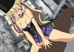 bangs bare_legs bare_shoulders black_dress blonde_hair blue_dress blush breasts breasts_out breasts_out_of_clothes choker closed_eyes code_vein collarbone corset cowgirl_position dark-skinned_male dress dress_pull female fur_hat gloves hat long_hair mia_karnstein nipples no_panties no_panties_under_skirt on_top open_mouth sex skirt skirt_lift straight strap_slip sweat teeth twintails two-tone_dress vaginal_penetration