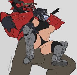 1boy 1girls alien big_breasts big_penis breasts breasts_out female female_human female_odst_(halo) femsub halo_(series) helmet human male male_sangheili_(halo) maledom methados odst panties_aside rape sangheili standing_sex straight tagme underboob vaginal_penetration