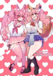 big_breasts blush fate/grand_order fate_(series) fox fox_ears fox_girl fox_tail kireina_pinky_fox licking_lips miniskirt orange_fur osiimi pink_fur pink_hair pinky_fox_(osiimi) school_uniform schoolgirl sweater_around_waist tamamo_no_mae_(fate) thick_thighs thighhighs virtual_youtuber