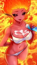 1girls black_sclera bra breasts clothed collarbone demon demon_girl female female_only fire fire_hair humanoid lava long_ears looking_at_viewer midriff naama_(sinful_puzzle) navel panties partially_submerged pointy_ears red_eyes red_skin sharp_fingernails sinful_puzzle smile solo suggestive_fluid sunscreen suntan_lotion tongue tongue_out underwear volcanic_setting