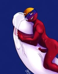 anonymous blue_background blush cock_hugging countryhumans cum curvy erect_nipples gay huge_cock male male_only pink_eyes red_skin venezuela_(countryhumans) white_penis white_skin yellow_eyebrows yellow_skin