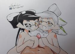 1boy 2girls abesdrawings big_breasts callie_(splatoon) cum cum_on_face cumshot dark-skinned_male dark_skin double_facial double_paizuri handdrawn inkling male marie_(splatoon) multiple_facials nintendo paizuri penis small_breasts splatoon squid_sisters