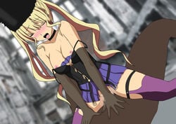 bangs bare_shoulders black_dress blonde_hair blue_dress blush breasts breasts_out breasts_out_of_clothes choker closed_eyes code_vein collarbone corset cowgirl_position dark-skinned_male dress dress_pull elbow_gloves female fur_hat gloves hat leggings long_hair mia_karnstein nipples no_panties no_panties_under_skirt on_top open_mouth sex skirt skirt_lift straight strap_slip sweat teeth twintails two-tone_dress vaginal_penetration