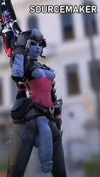 1futa 3d alternate_costume areolae blender breasts casual clothing dickgirl firearm flaccid futa_only futanari huge_cock human intersex nipples overwatch penis penis_to_the_knees rifle solo solo_futa sourcemaker weapon widowmaker